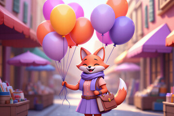 Joyful anthropomorphic cartoon fox character holding a bunch of colorful balloons while walking in a charming town street setting