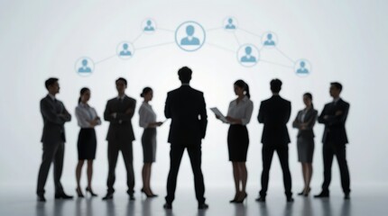 A group of business professionals standing together in a network formation with a leader at the center