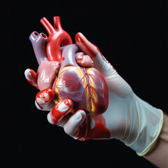 Surgeon in a latex glove holding a realistic human heart model with blood stains.