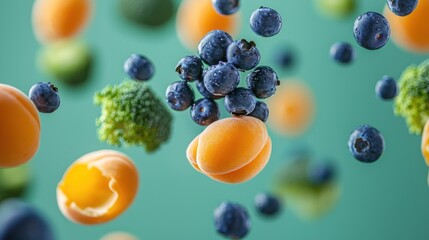 Floating berries apricots and broccoli