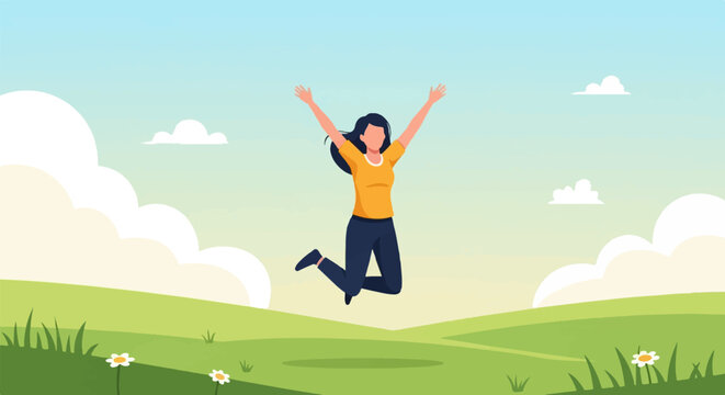 Joyful person jumping high in a green, grassy field under a bright sky
