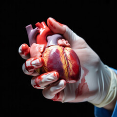 Surgeon in a latex glove holding a realistic human heart model with blood stains.