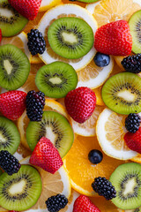 Fresh fruit assortment on a table with slices of lemon, kiwi, strawberries, and blueberries arranged together in a colorful display