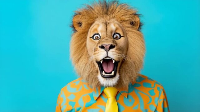 A man wearing a lion mask, a bright shirt, and a tie is looking through binoculars. He lowers them in surprise and exclaims. It's a circus day.