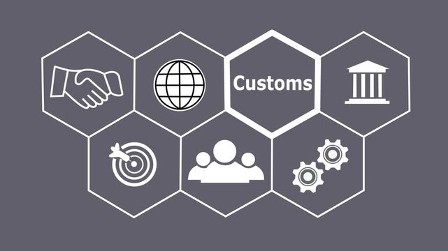a Customs concept button on a futuristic. Abstract seamless animation of mesh glowing dots digital luxurious wave particles flows background. Motion of digital data flow.