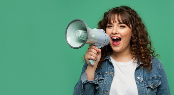 A young woman with curly hair holding a megaphone and shouting loudly against a green background