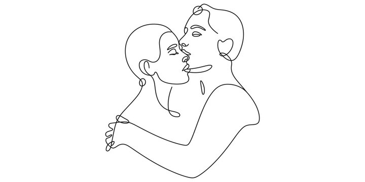 Minimalist line art illustration of a romantic couple in an intimate embrace and kissing.