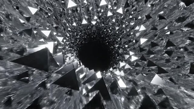 Abstract metallic tunnel formed by converging geometric triangular shapes leading to a dark central void, suitable for technology, science, finance, presentation, and design projects.