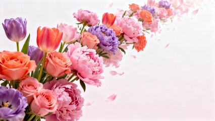 Vibrant Spring Bouquet of Roses, Peonies, and Tulips with Scattered Petals