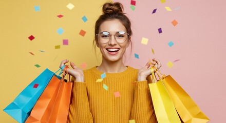Naklejka premium A young woman excitedly holding colorful shopping bags with confetti falling around her.
