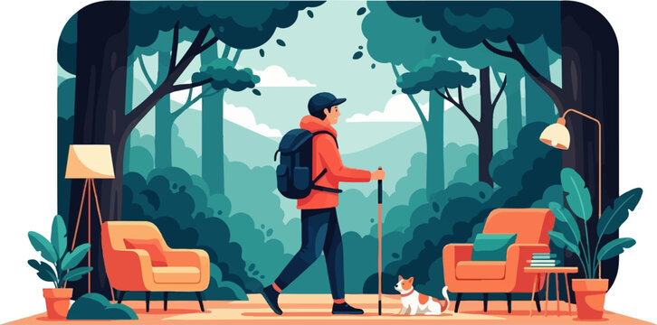 Man with backpack and dog in a serene forest interior with cozy furniture