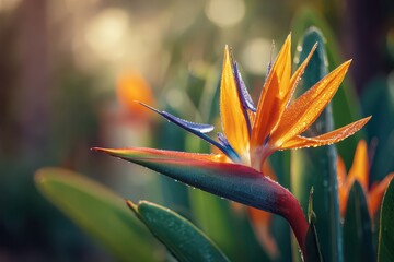 Vibrant Bird of Paradise bloom in a tropical garden, sharp foreground with soft green bokeh background