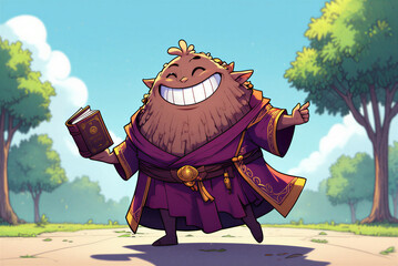 Joyful cartoon character in wizard robe holding a book with a wide smile outdoors in nature