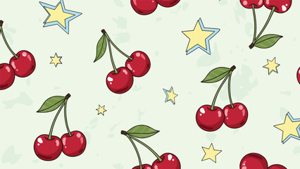 Seamless pattern featuring red cherries with green leaves and small yellow stars scattered over a light green textured background design.