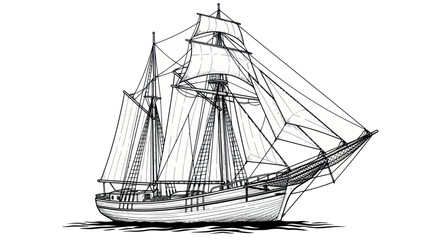 Vintage Sailing Ship Drawing with Full Sails on White Background © anis