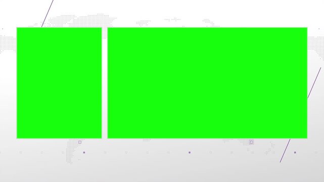 Two box split screen for news, interviews, live broadcast, tv shows, live streaming. Green chroma key cut, 4K loopable world map background with purple elements, simplicity and minimalism design.