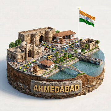 India, Ahmedabad miniature isometric diorama. Teen Darwaza, Sabarmati River, Gandhi Ashram, historic bridges, city gates. Urban landscape heritage, bustling traffic and cultural symbols