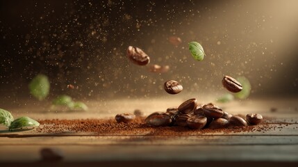 Flying coffee beans on wooden surface