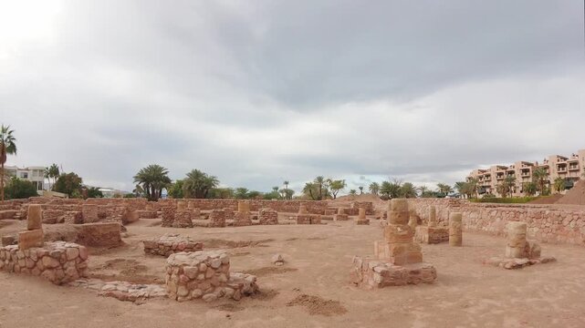Aqaba, Jordan - 10th december, 2025: time lapse Ayla Islamic city ruins Aqaba Jordan early medieval stone walls archaeological site Red Sea coast heritage landmark