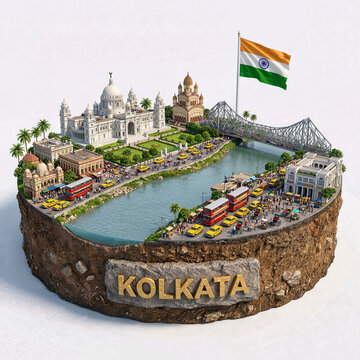 India Kolkata miniature isometric diorama. Victoria Memorial, Howrah Bridge, Hooghly River, yellow taxis, red buses, national flag. Urban miniature showcasing iconic landmarks, bustling streets