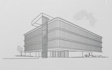 Minimalist architectural single line drawing of a modern office building.