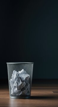 A metal mesh wastebasket sits on a clean floor, filled slightly with crumpled white paper. It signifies cleanup and discard ,scrap ,discard ,floor