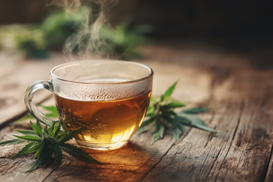 Warm earthy scene: glass cup of cannabis tea with fresh leaves on natural wood