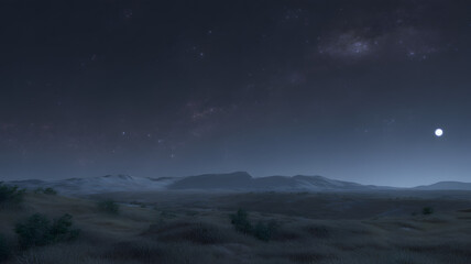 Night landscape with stars and hills with a moon on the right.