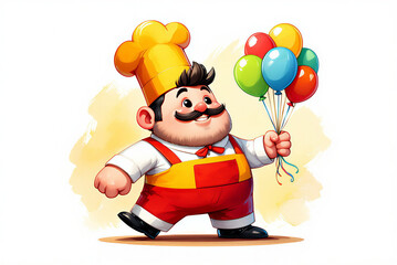Joyful cartoon chef with a mustache holding a vibrant bunch of balloons in a celebratory atmosphere