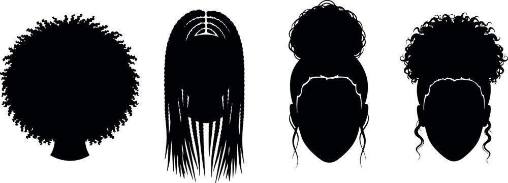 Collection of black female silhouettes showing diverse hairstyles including afro braids and updo for beauty and hair salon vector illustration.