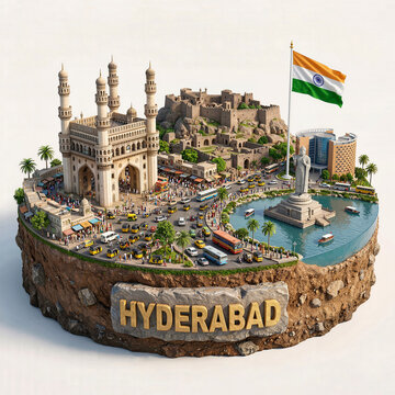 India, Hyderabad miniature isometric diorama. Charminar, Golconda Fort, Buddha Statue, Hussain Sagar lake. Historical monuments, national flag, vibrant major tourism destination