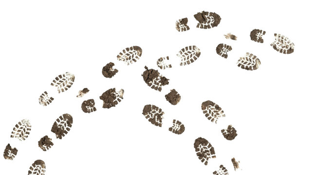 Path of muddy boot footprints with realistic dirt texture and tread patterns, isolated on transparent background, symbol of evidence, walking, or messy outdoor activity.