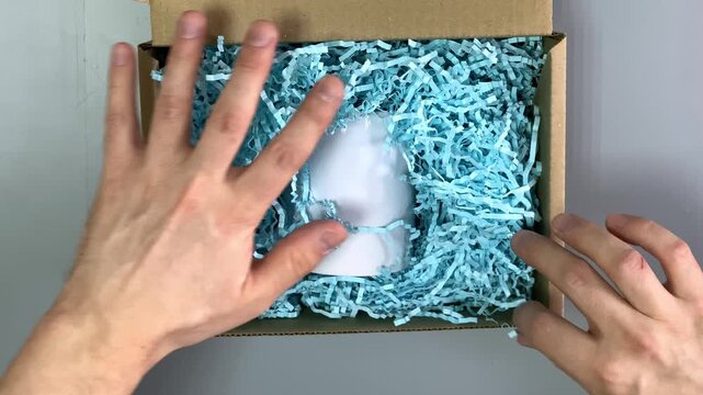 Top view. White mug. Self-assembly box. Cardboard box. Slow motion video. High quality 4k footage