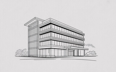 Minimalist architectural single line drawing of a modern office building.