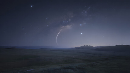 Landscape under the stars, Milky Way and celestial object arc shining.