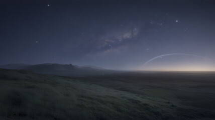 Night landscape with stars, Milky Way, hills, and a faint light arch.