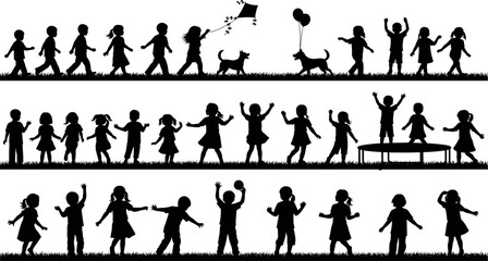 Big collection of happy children playing silhouettes vector illustration set with kids running jumping and having fun outdoors on white background