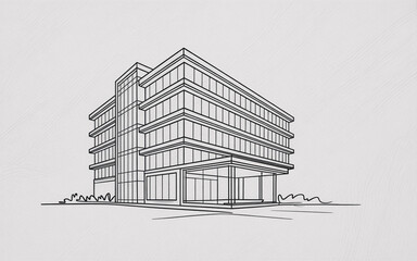 Minimalist architectural single line drawing of a modern office building.