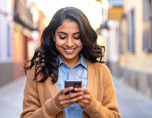 Junge Frau mit Strickjacke liest lächelnd eine Telefonnachricht