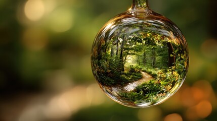 Forest reflected in a water droplet