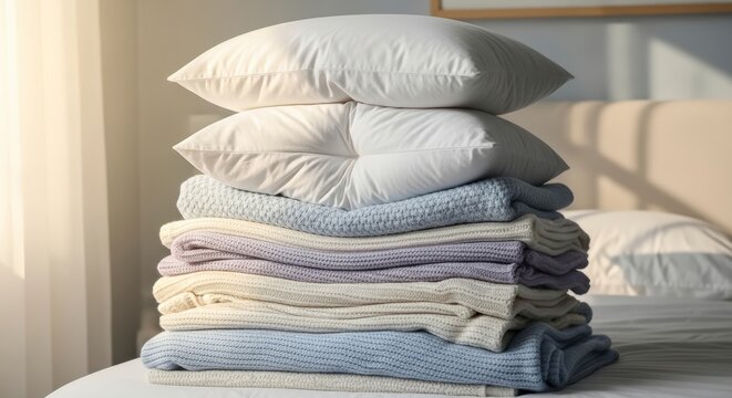 Stack of neatly folded bedding linens.