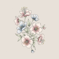 Delicate pastel pink and blue flowers with green leaves, detailed botanical illustration on a light background.