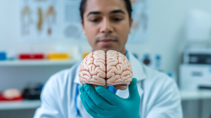 Medical professional wearing blue gloves and holding a realistic model of a human brain.