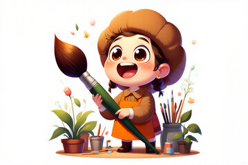 Joyful cartoon child artist holding a large paintbrush surrounded by art supplies and plants