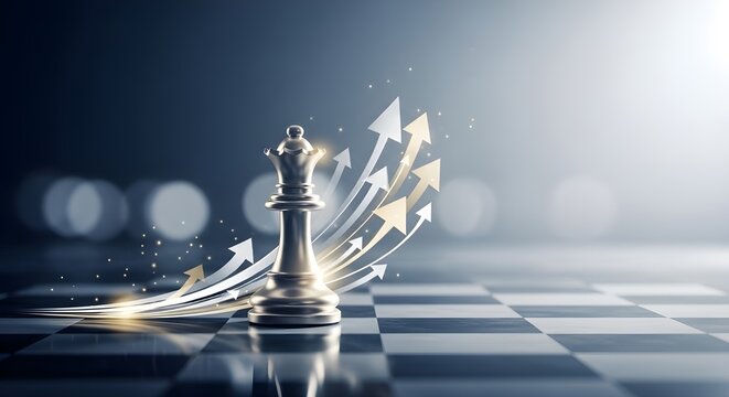 A silver chess queen stands on a checkered board, surrounded by glowing upward arrows representing strategic leadership and business growth.