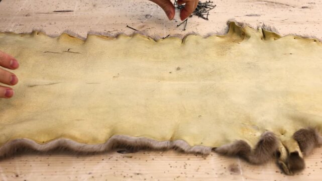 Small animal pelt placed on a wooden table in a furrier workshop. The inner side of the hide is clearly visible, showing natural leather and fur texture during preparation for handmade luxury coats