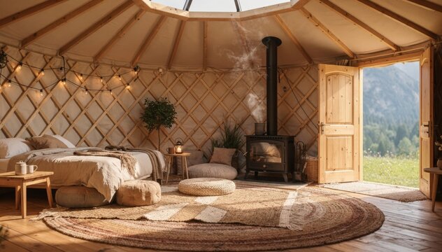 Cozy round yurt interior with central skylight soft furnishings and wood stove blurred natural mountain meadow visible through the open door.