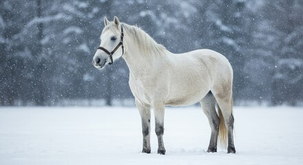 A beautiful white horse stands gracefully in a pristine winter landscape, surrounded by fresh fallen snow and cold air ,season ,horse ,scenic