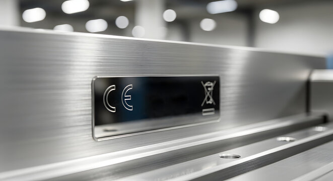 CE mark engraved on a sleek, brushed metal surface, symbolizing European safety and quality standards