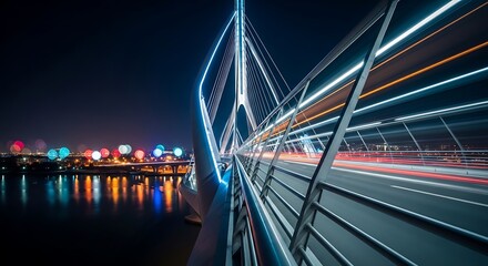 Naklejka premium Futuristic bridge with vibrant neon lights at night speeding traffic and cityscape reflections in water urban landscape